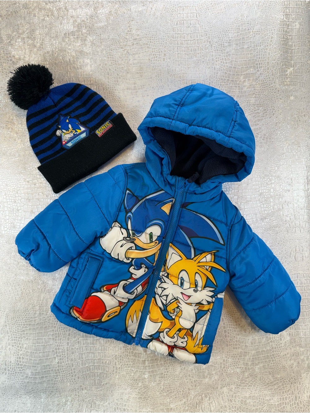 Sonic the Hedgehog winter coat & matching hat, coat 18 months, hat OSFM